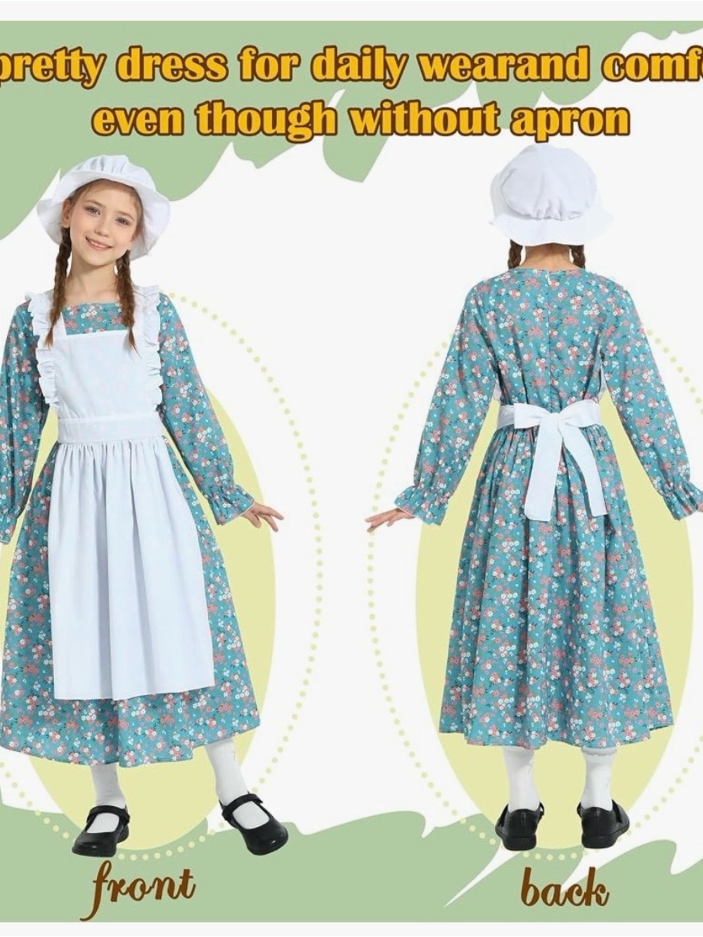 Girls Teal Floral Prairie Dress with White Apron - Picture 2 of 3